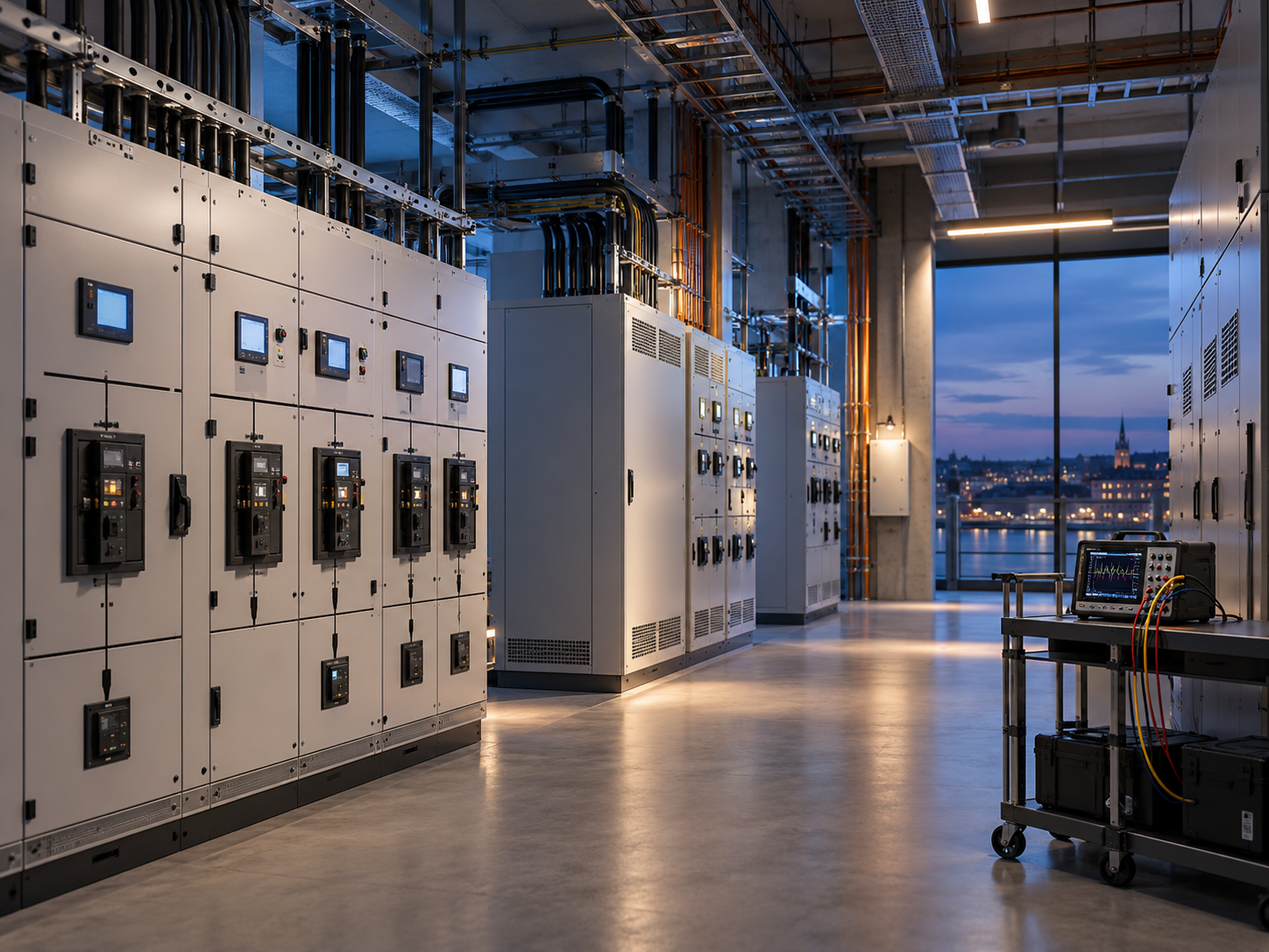 Modern commercial electrical plant room with power-quality monitoring equipment