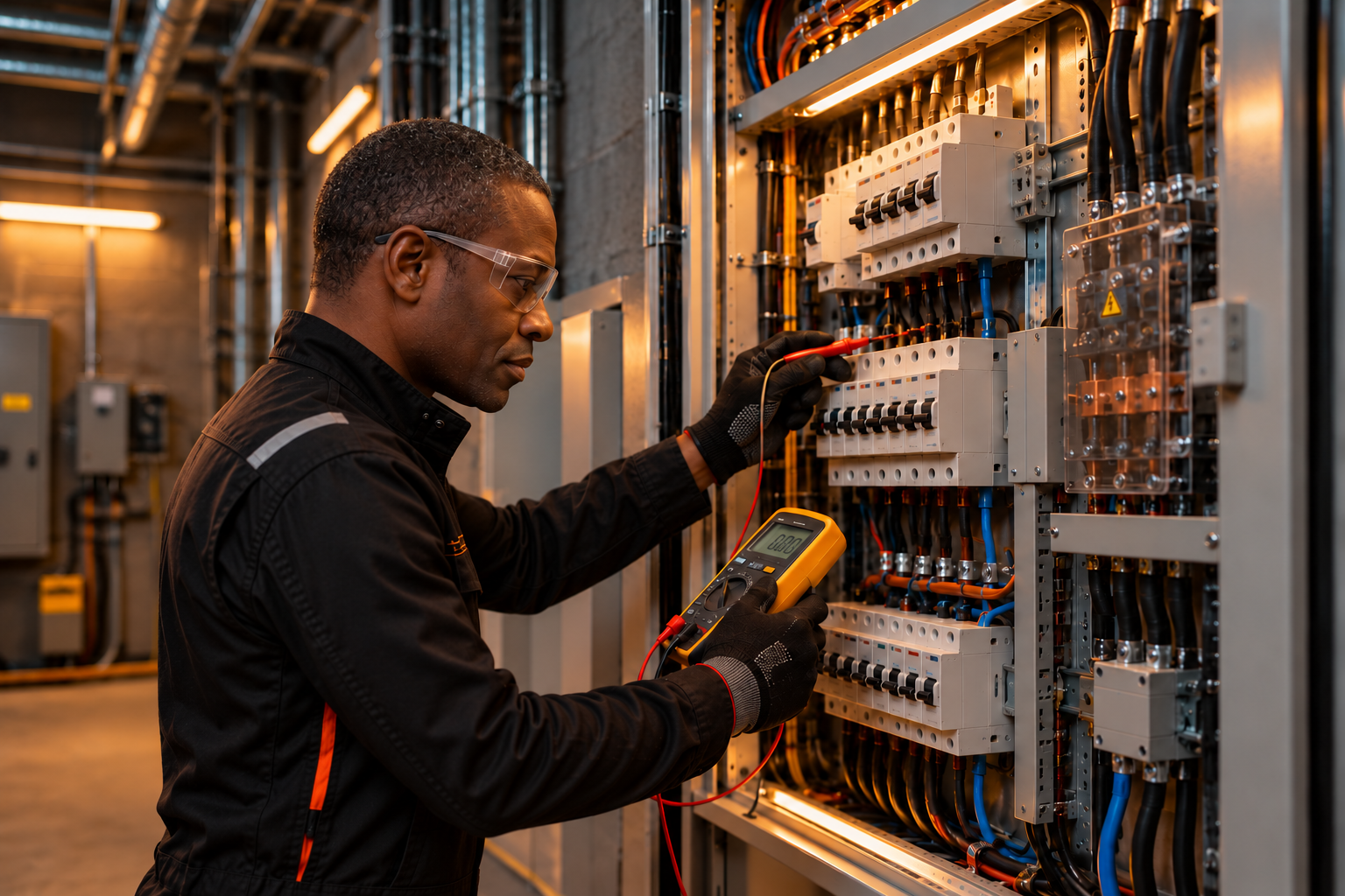 StockOhms electrician troubleshooting a commercial distribution board with a multimeter